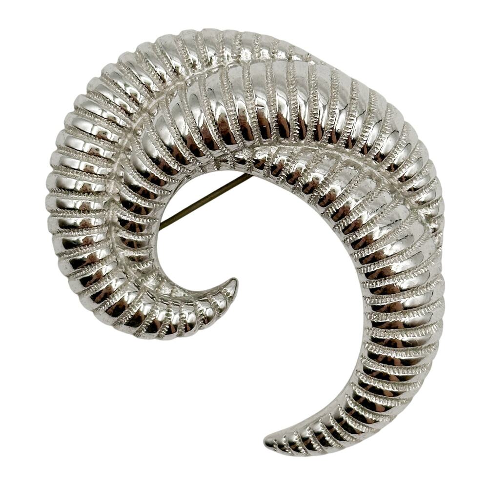 Monet Rams Horn Brooch Vintage Silver Tone Modernist Ribbed C-Shaped Pin Signed